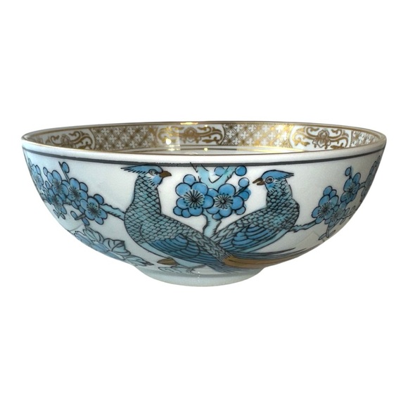 Gold Imari Hand-Painted Porcelain Bowl Birds & Floral Design Vintage Blue & Gold - Picture 1 of 12